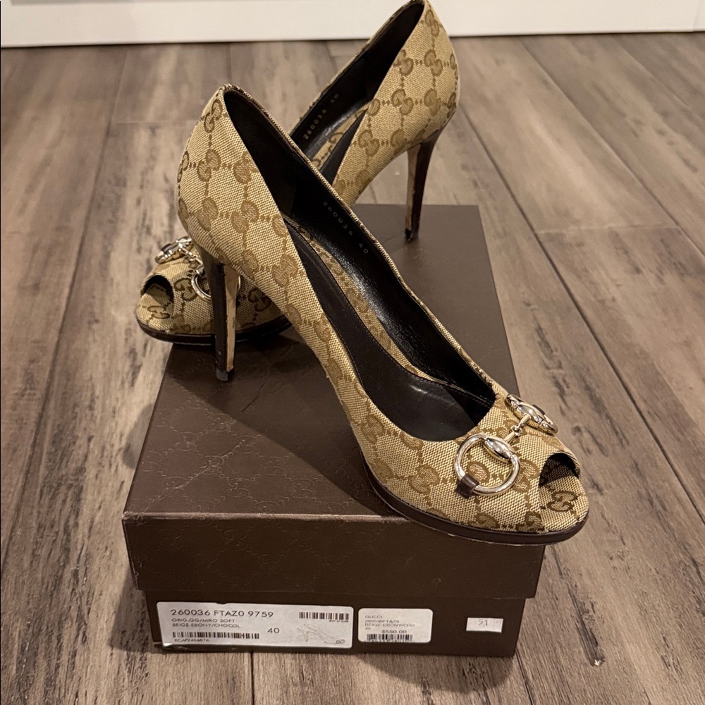 Gucci Beige Monogram Peep-Toe Heels